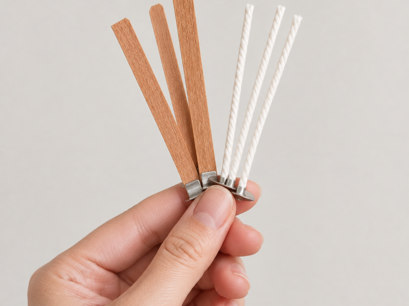 Wooden and cotton candle wicks side by side