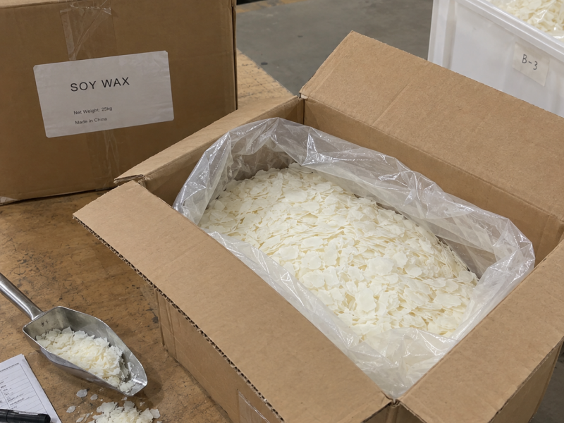 Soy wax flakes in a bulk carton at the factory