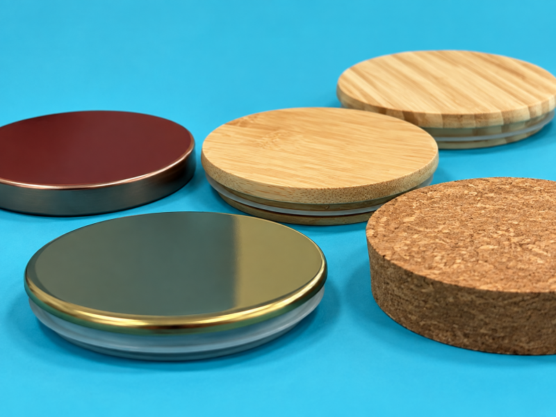 Candle lids in bamboo, metal and cork