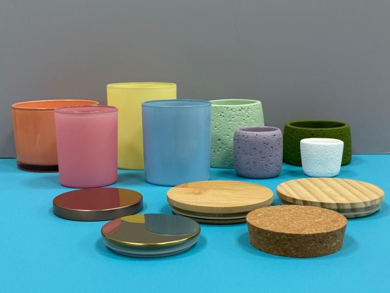 Stock glass and ceramic vessels with wood, bamboo and metal lids