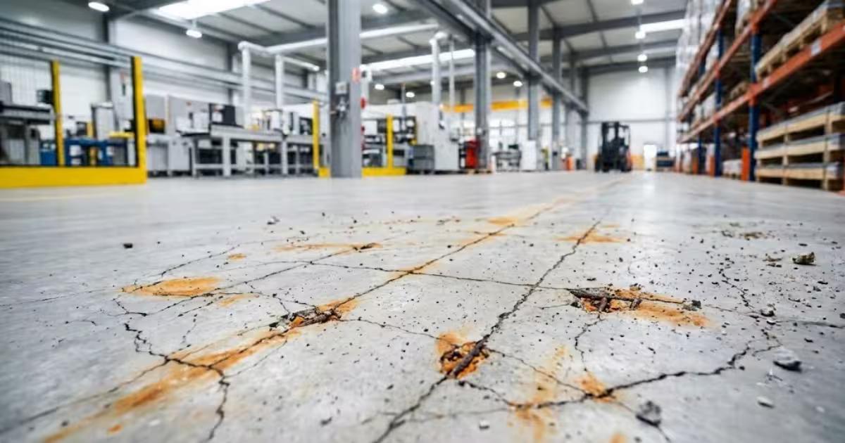 Industrial warehouse floor with cracks and rust stains caused by steel rebar corrosion