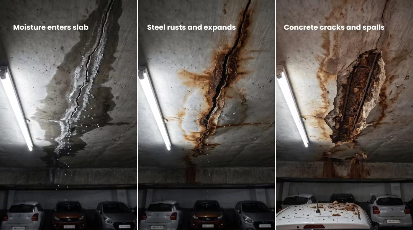 Concrete parking structure exposed to moisture and potential reinforcement corrosion