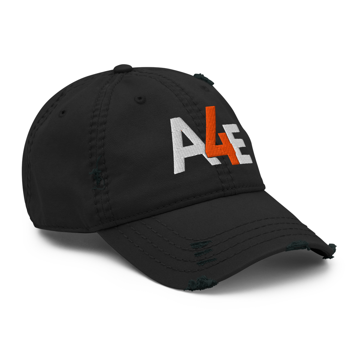 Angled front view of the black A4E dad hat