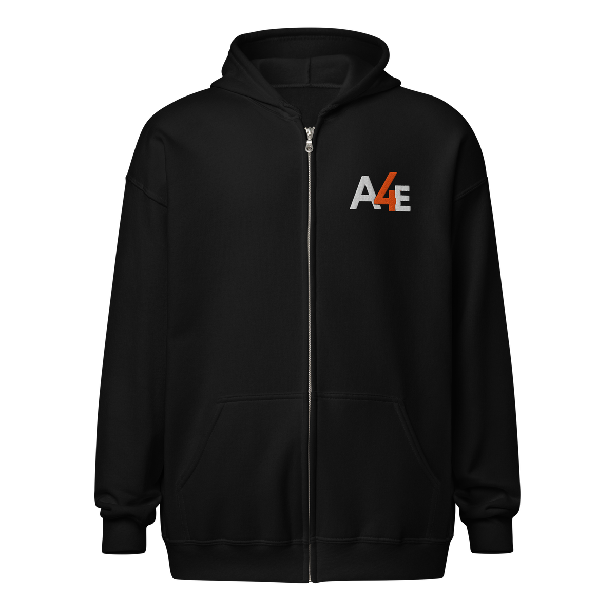Front view of the black A43 zip hoodie with the A4E chest mark
