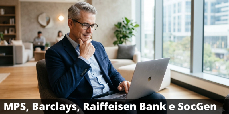 Possibile premio del 19,56% annuo con il certificate su Banca MPS, Barclays, Raiffeisen Bank e Société Générale