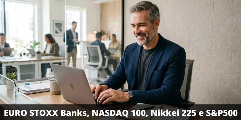 Possibile premio del 12,96% annuo con il certificate su EURO STOXX Banks, Nasdaq-100, Nikkei 225 e S&P 500