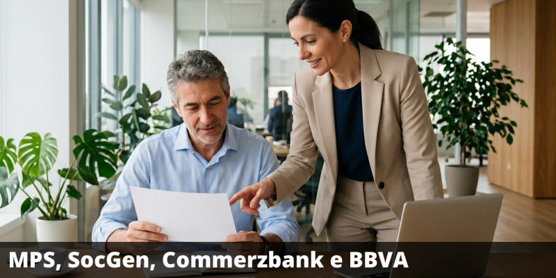 Possibile doppio Maxipremio del 10% e premi trimestrali dell'1% (4% annuo) con il certificate su Banca MPS, Société Générale, Commerzbank e BBVA