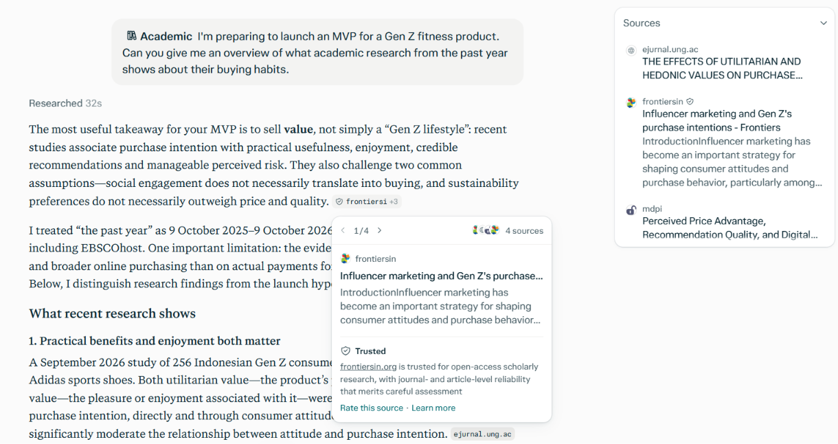 Perplexity Academic answer summarising recent research on Gen Z buying habits, with a sources panel and a citation pop-up marking frontiersin.org as a trusted source.