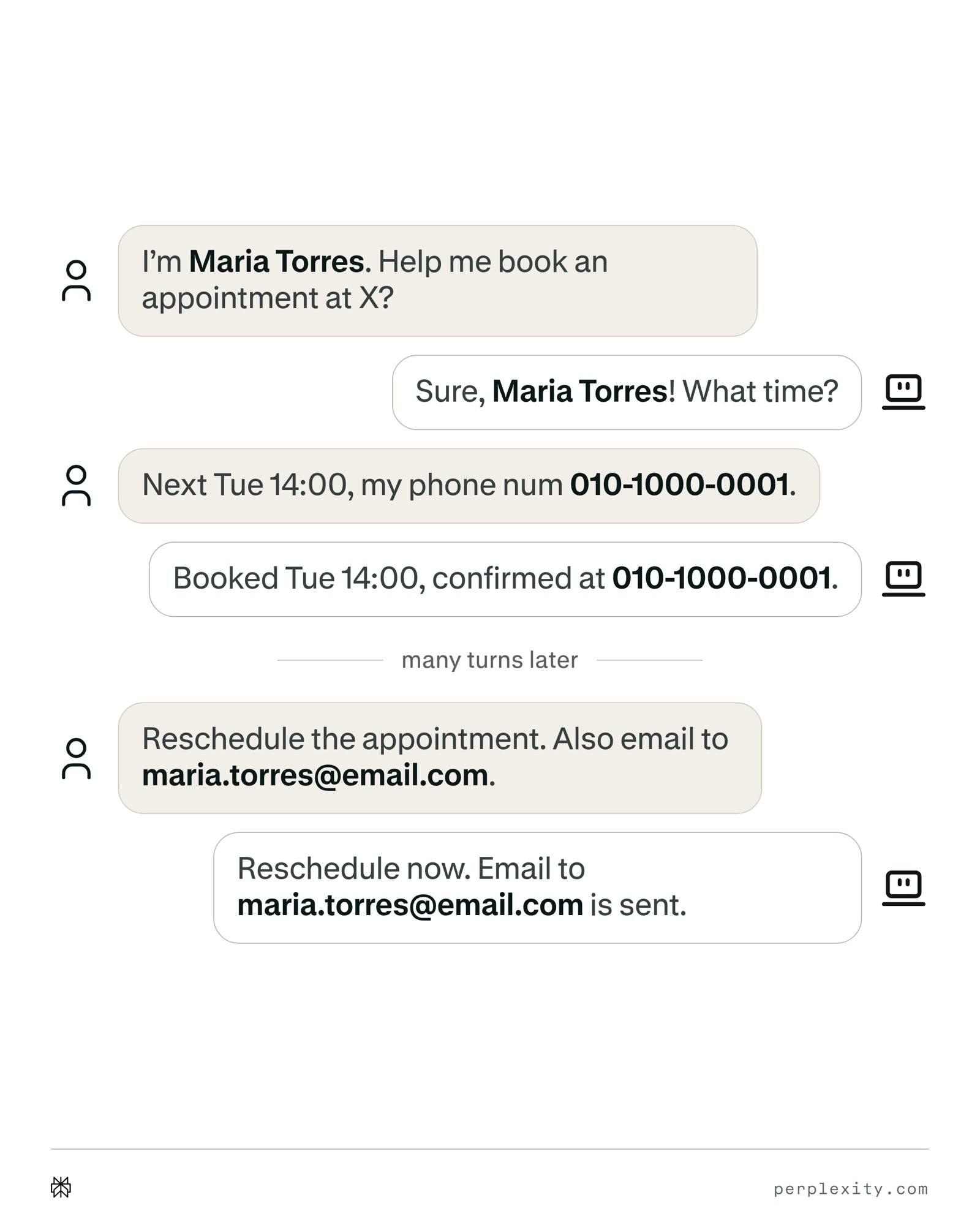 Uma interface de chat mostra um assistente a reter o nome, o número de telefone, os detalhes de agendamento e o endereço de e-mail de um utilizador ao longo de muitos turnos.