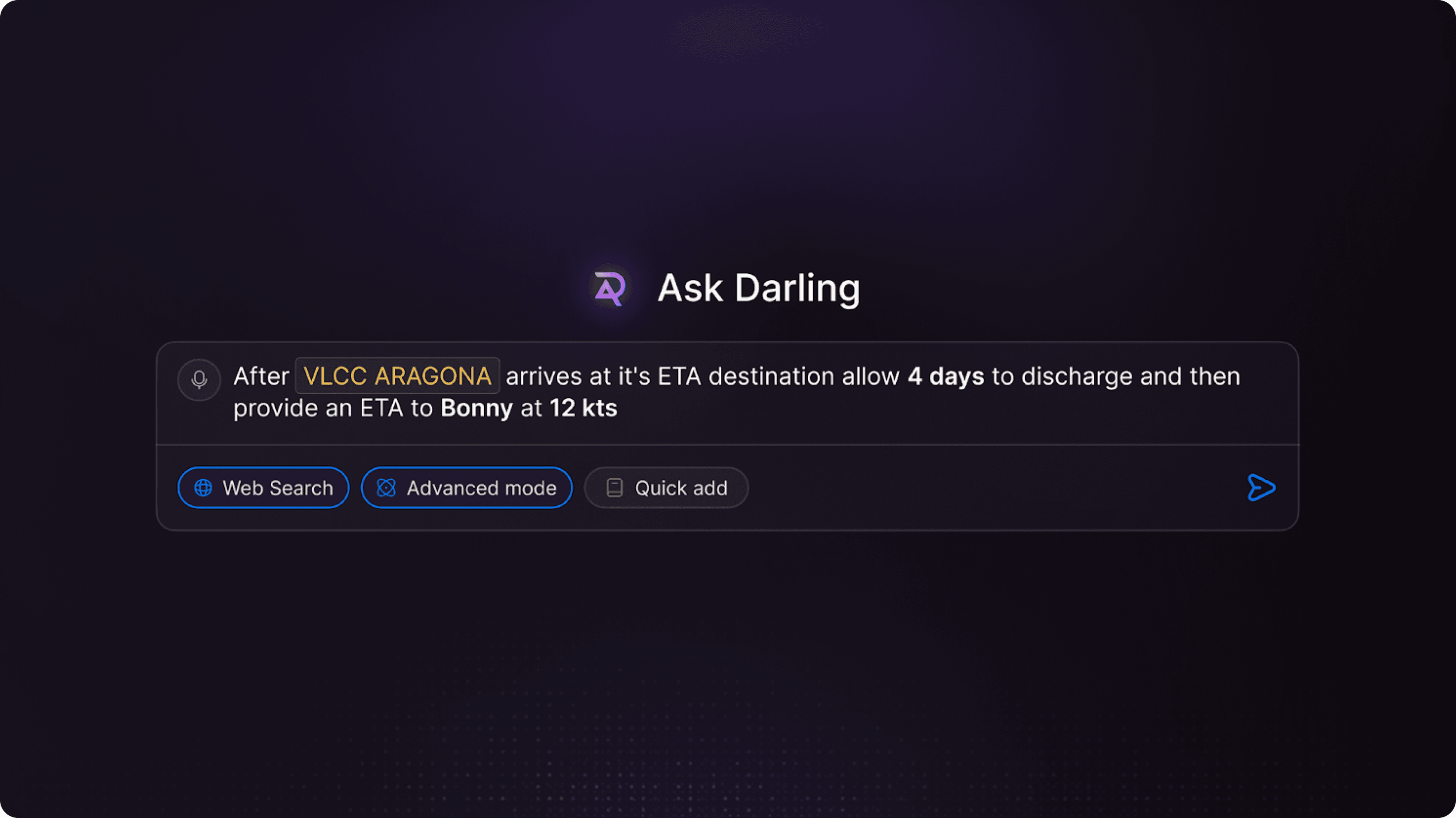 مطالبة في Ask Darling تطلب الوقت المتوقع لوصول سفينة مع تفعيل بحث الويب