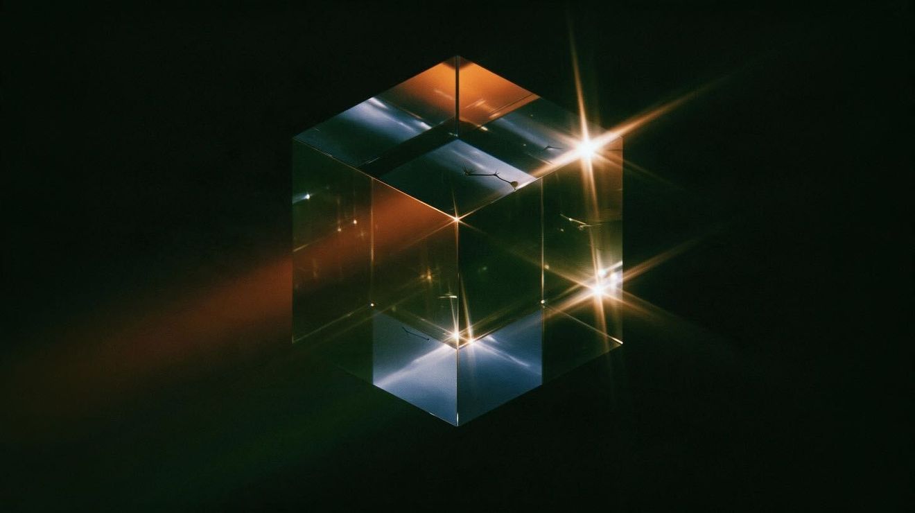 Transparent glass cube reflecting orange and blue light, with bright starburst highlights against a dark background.