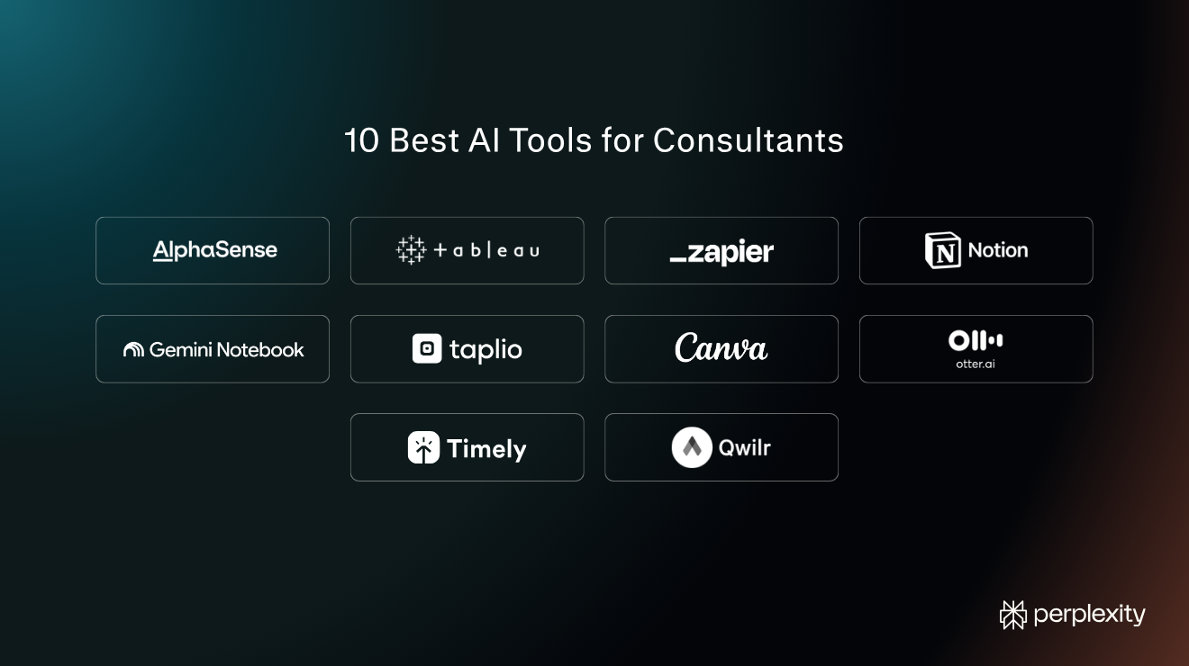 10 best AI tools for consultants, with logos for the featured tools.
