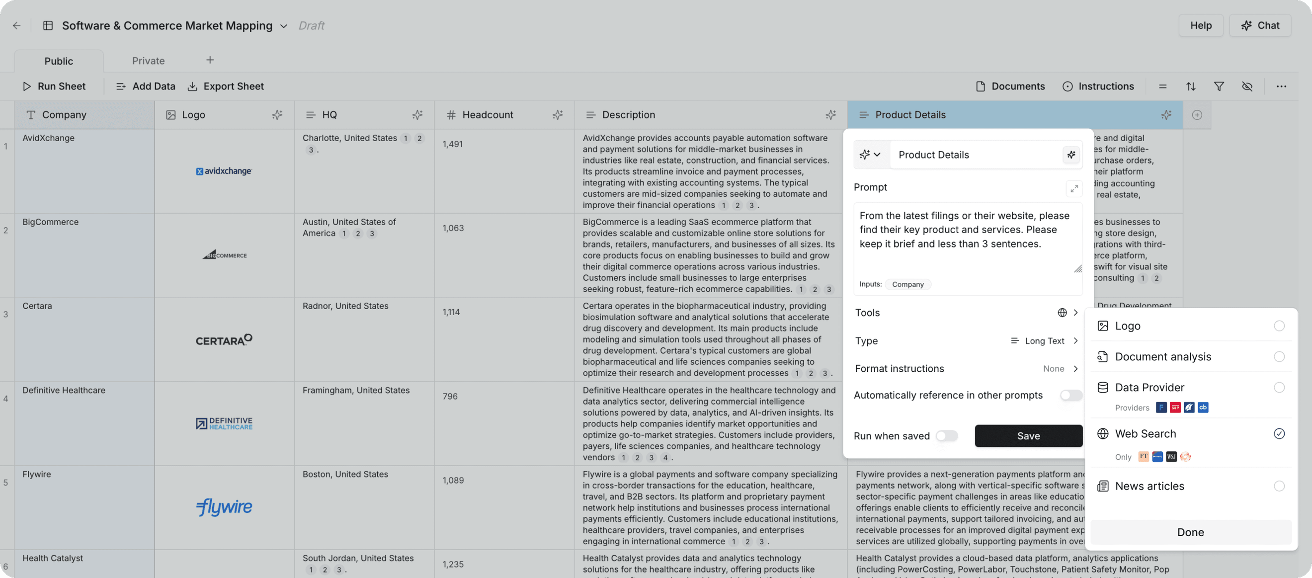 Model ML market mapping grid using web search to fill in product details