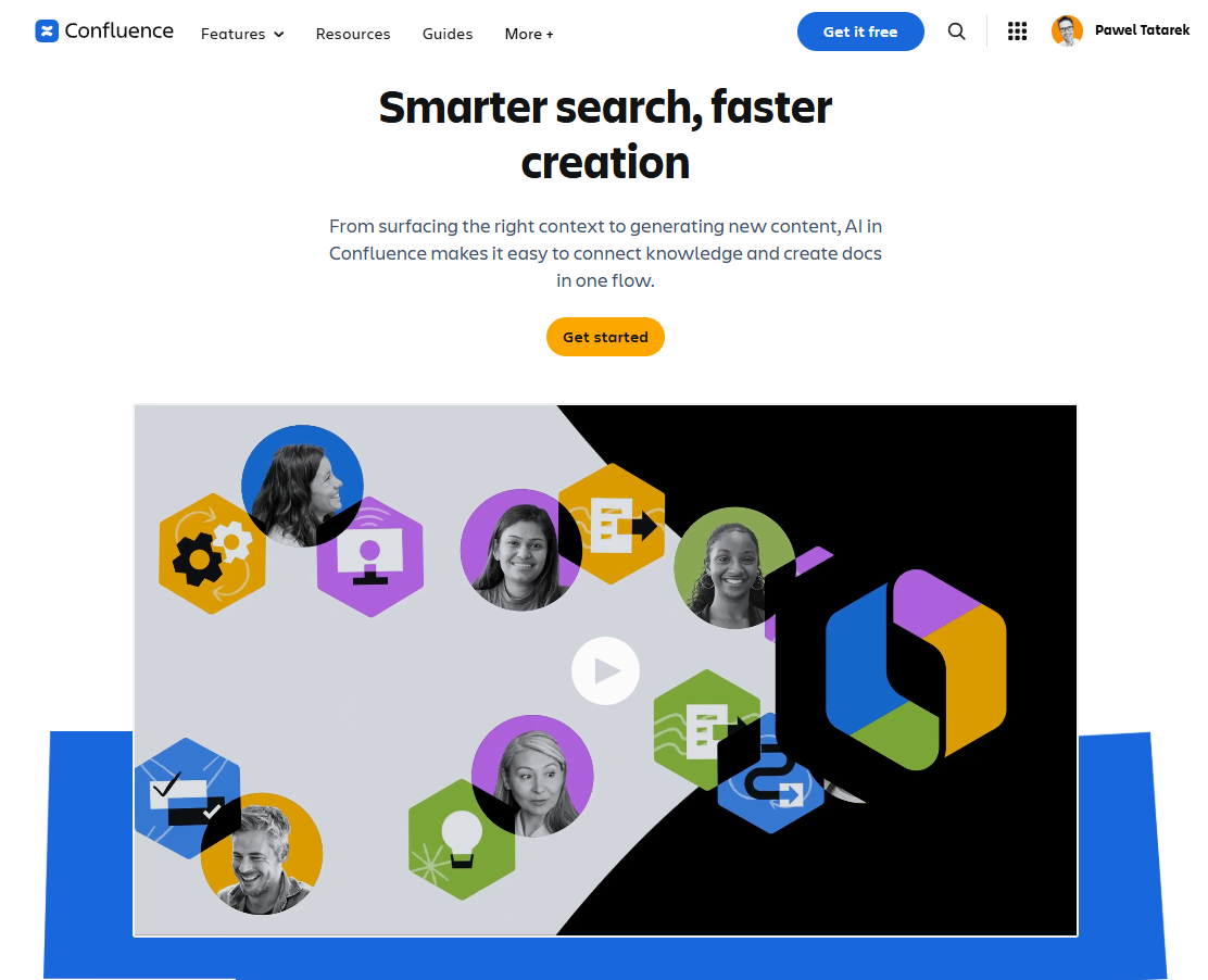 Confluence-AI-Seite mit dem Text „Intelligenter suchen, schneller erstellen“, mit einer Illustration von Team-Avataren und dem Rovo-Logo.