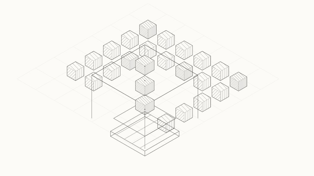 Isometric line drawing of cubes arranged on a grid, with a central column of cubes descending through stacked square frames.