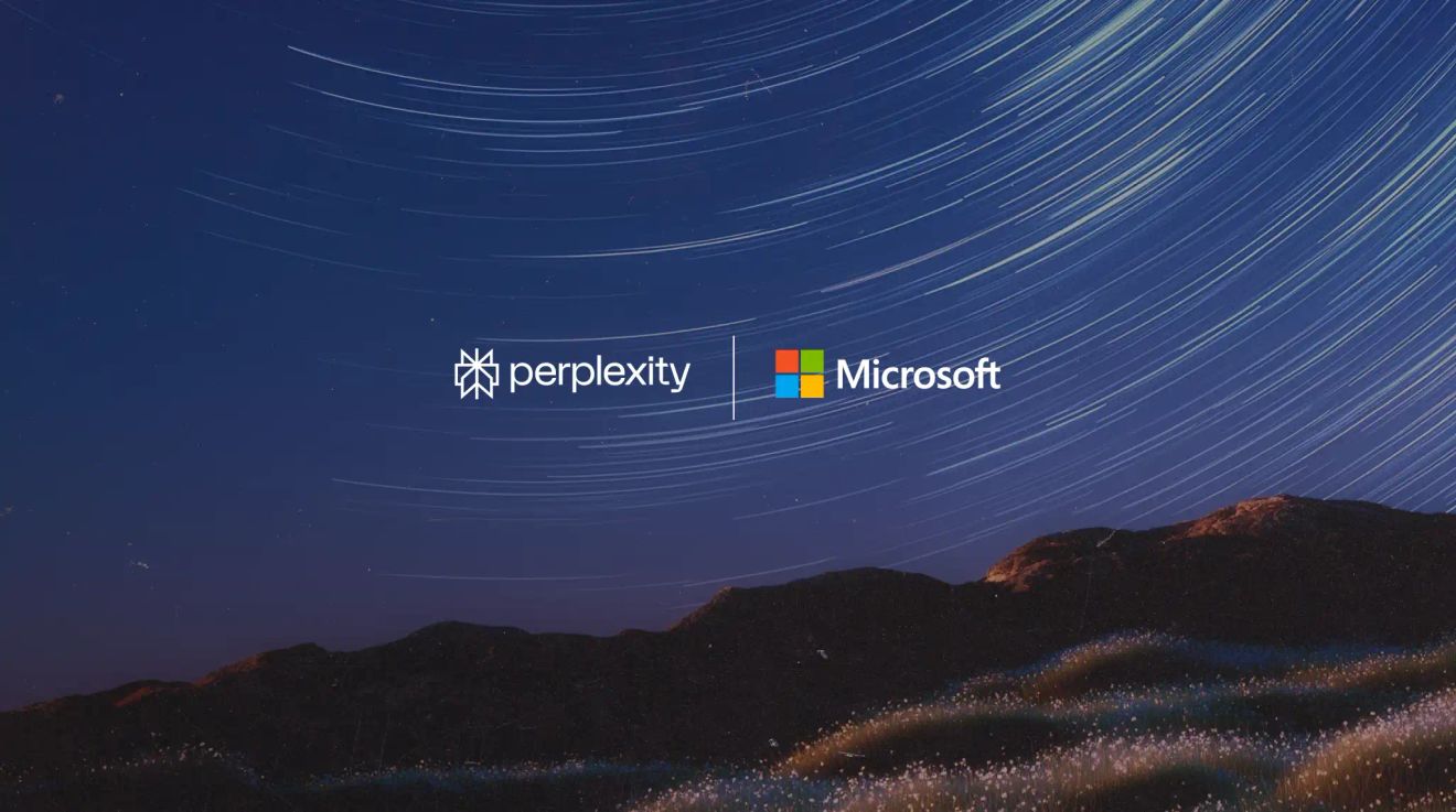 An image of two hands typing on a keyboard with a blue night sky in the background and the Perplexity and Microsoft logos.
