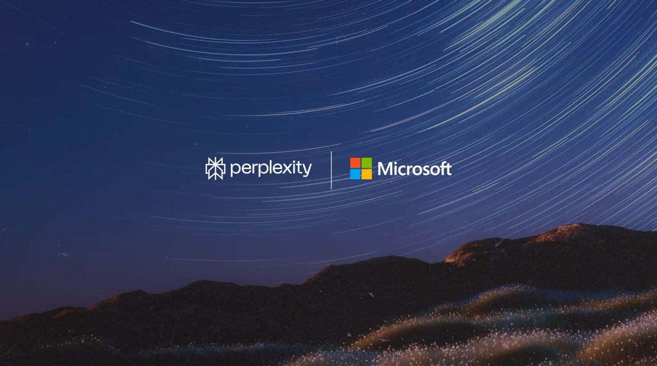 An image of two hands typing on a keyboard with a blue night sky in the background and the Perplexity and Microsoft logos.