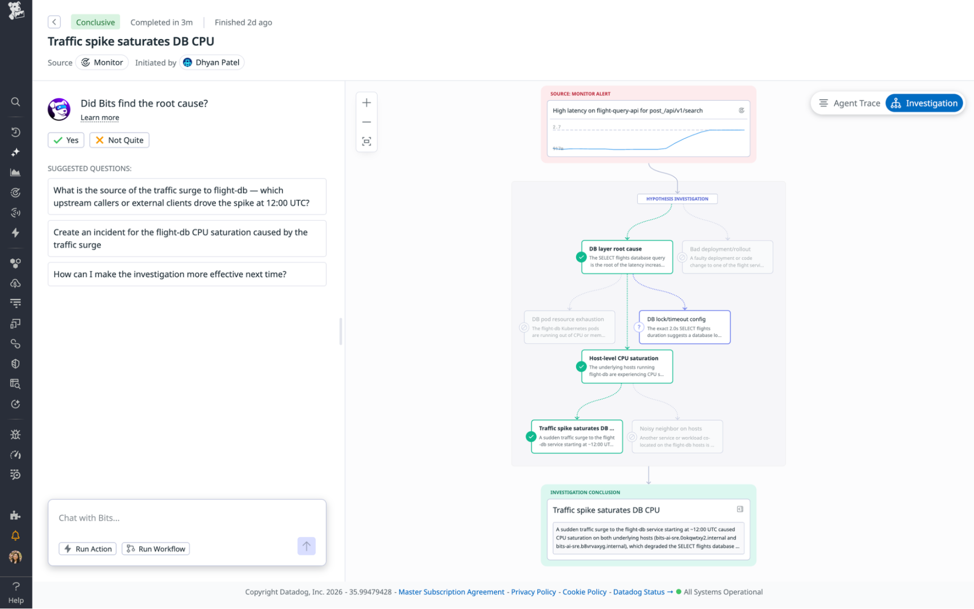 Untersuchung von Datadog Bits AI, die eine Monitor-Warnung über Hypothesen bis zu einer Hauptursache zurückverfolgt: eine Verkehrsspitze, die die Datenbank-CPU auslastet.