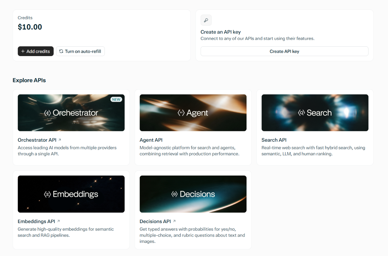 Perplexity API Console dashboard showing a $10.00 credit balance, the Create API key button, and cards for the Orchestrator, Agent, Search, Embeddings, and Decisions APIs.