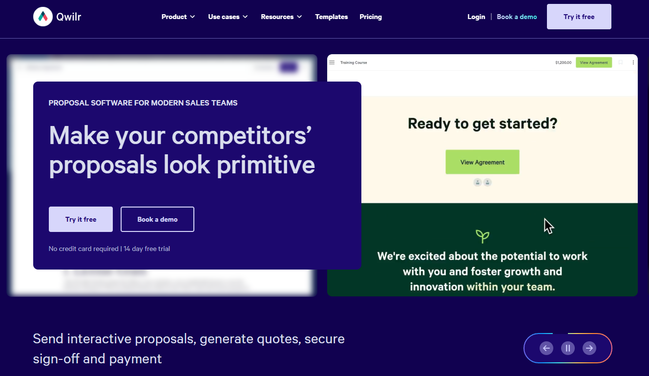 Qwilr webpage showing interactive proposal software and a sample proposal.