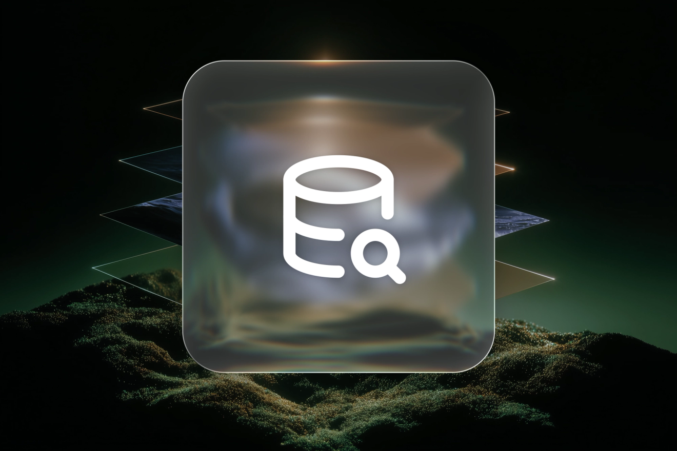 A white database and magnifying glass icon on a frosted-glass tile, with layered translucent panels behind it over a dark, moss-covered landscape.