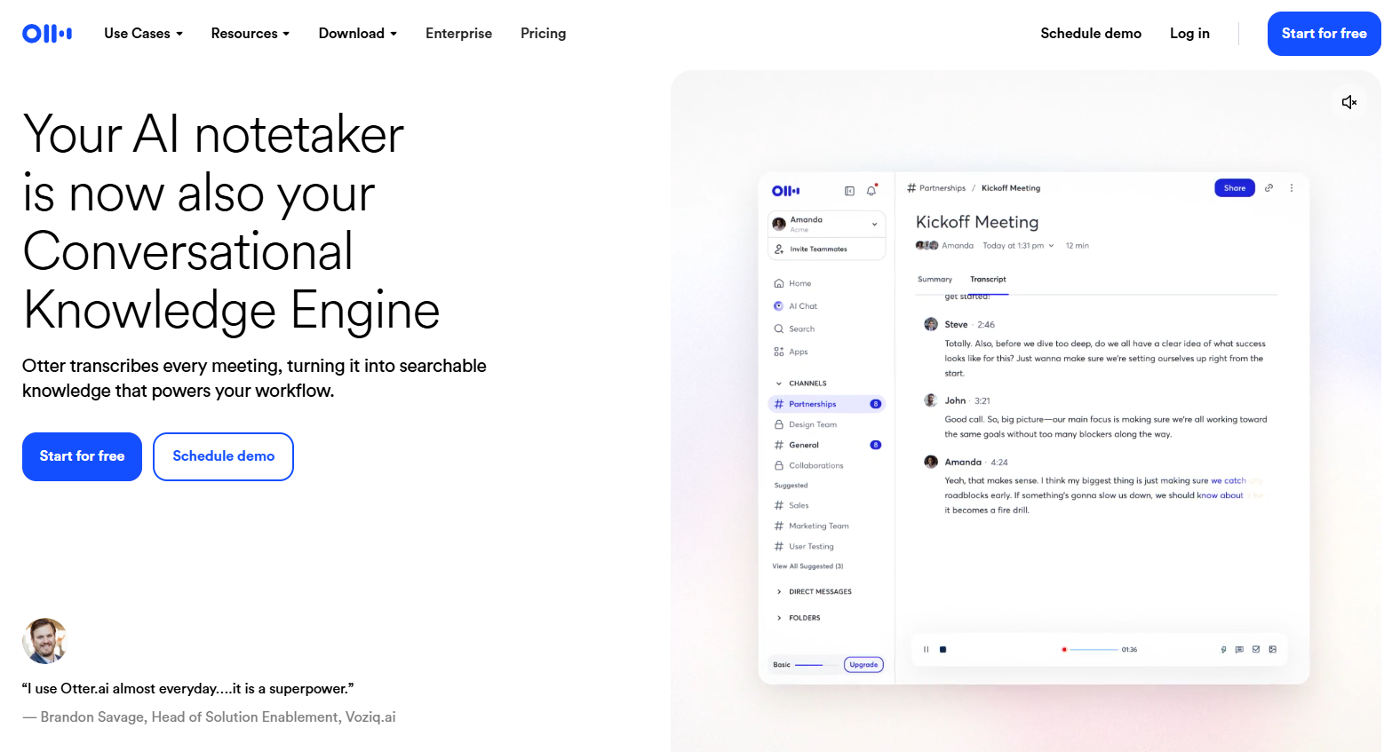 Otter.ai webpage showing an AI notetaker and meeting notes interface.