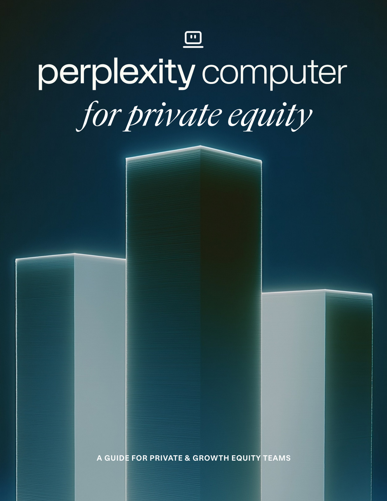 Perplexity Computer for Private Equity,” featuring three illuminated towers against a dark teal background.