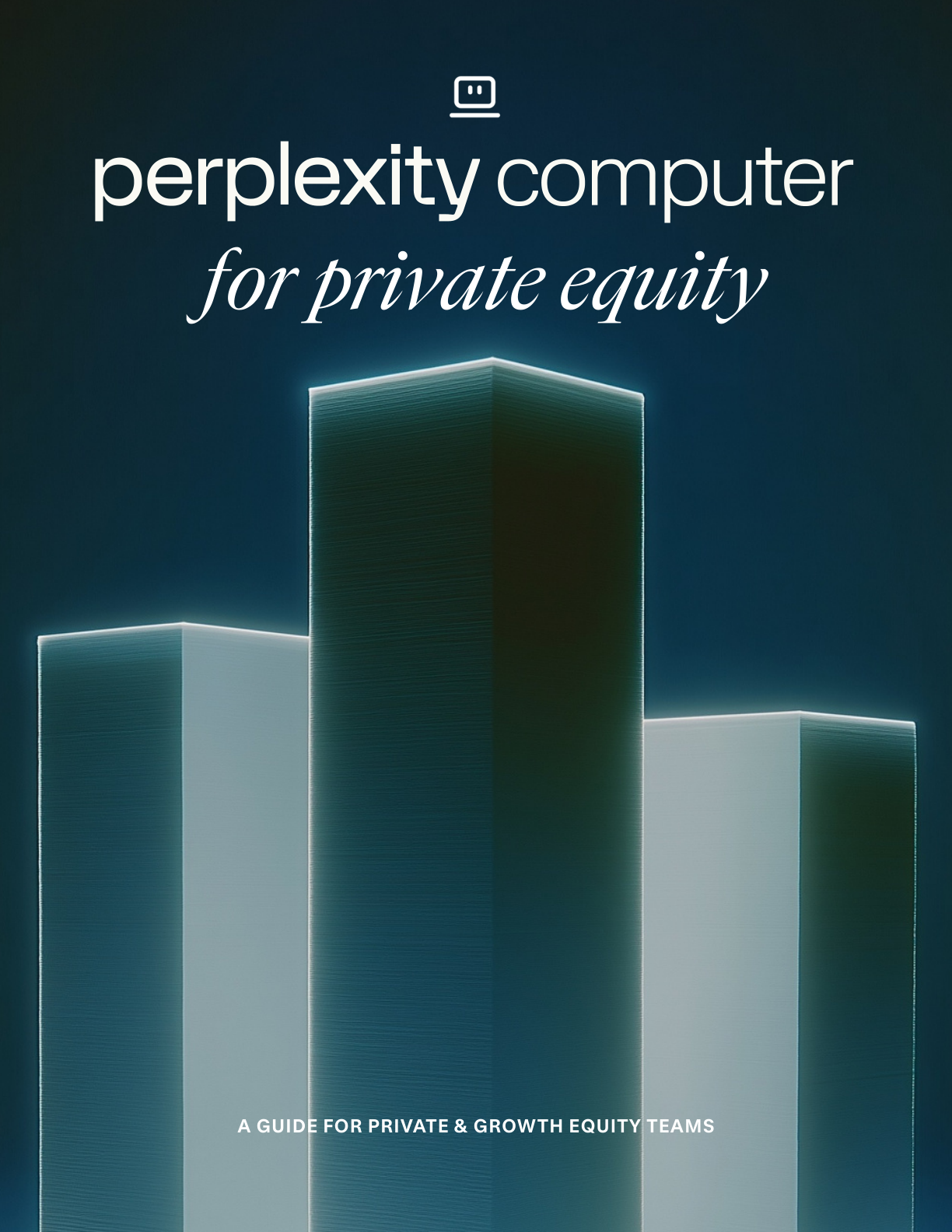 Perplexity Computer for Private Equity,” featuring three illuminated towers against a dark teal background.