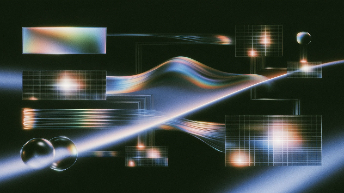 Abstract illustration of iridescent light streams connecting glowing grids and reflective spheres against a dark background.