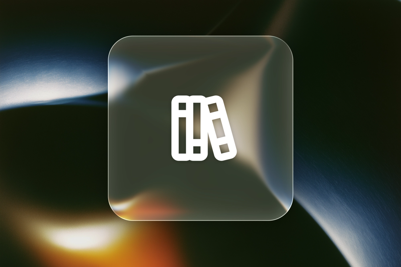 A white books icon on a frosted-glass tile against blue-and-amber curved reflections