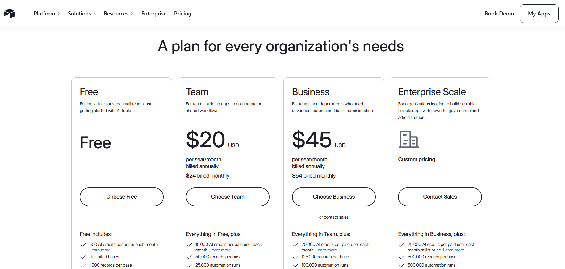 Airtable-Preispläne: Free, Team bei 20 $, Business bei 45 $ und Enterprise Scale mit individueller Preisgestaltung.