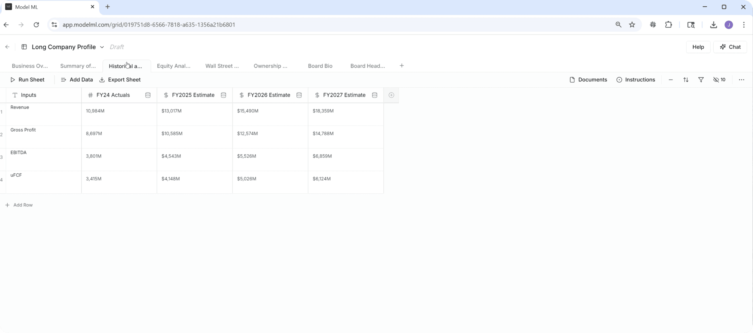 Model ML company profile grid with revenue and EBITDA estimates