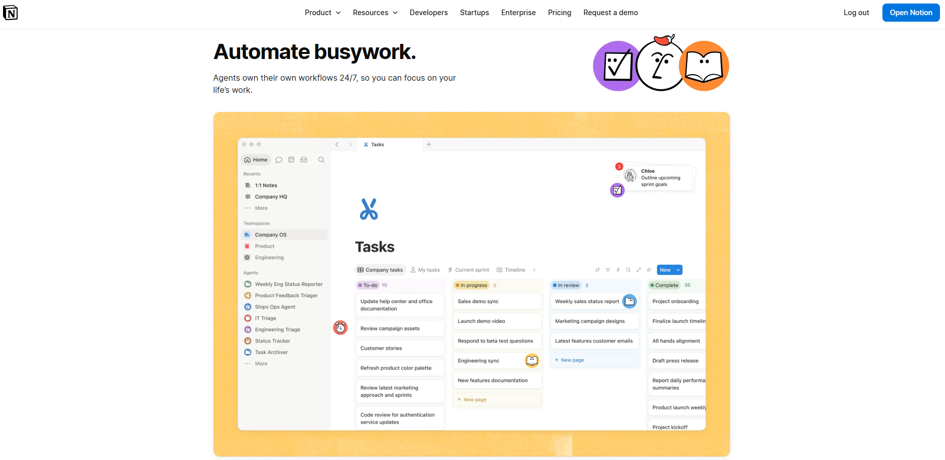 Notion-Seite zu Custom Agents mit dem Text „Wiederkehrende Kleinarbeit automatisieren“, die ein Notion-Task-Board zeigt.
