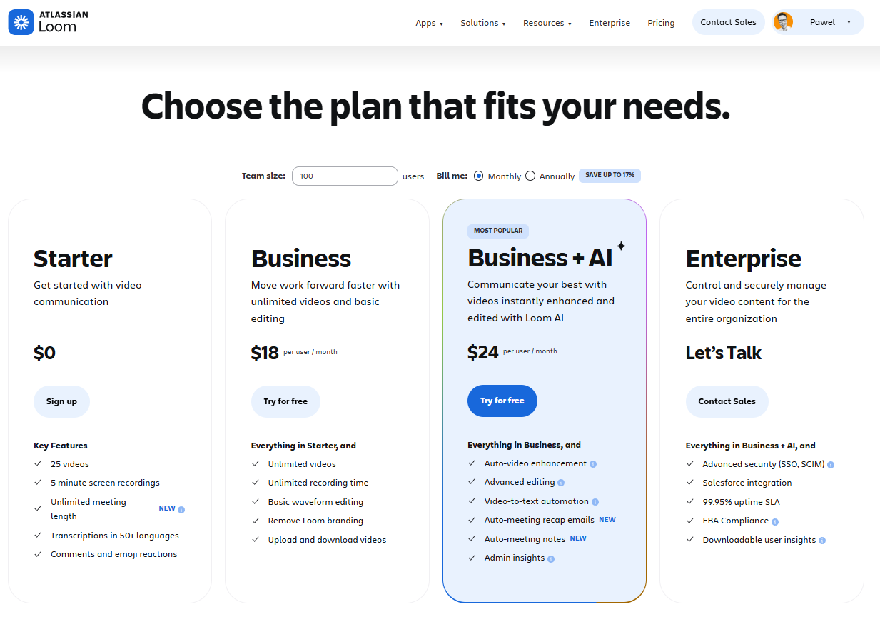 Loom-Preispläne: Starter bei 0 $, Business bei 18 $, Business + AI bei 24 $ und Enterprise.