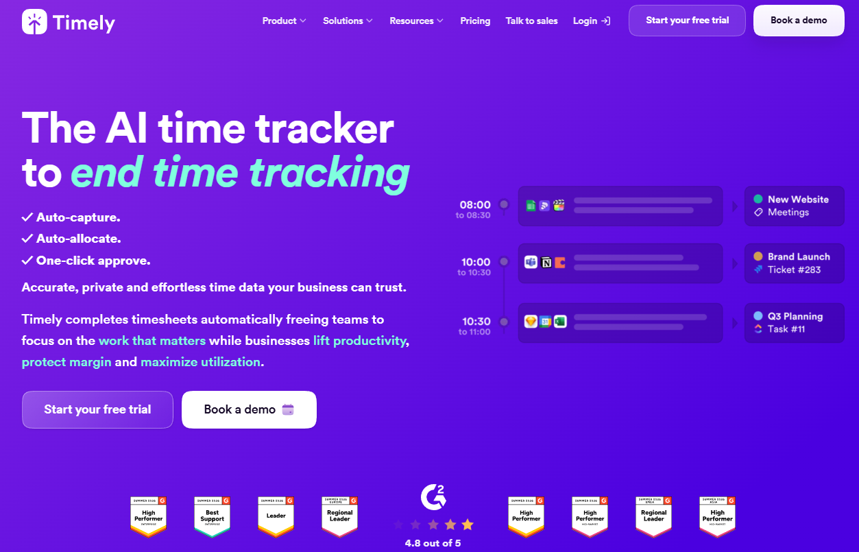 Timely webpage introducing automatic AI time tracking.