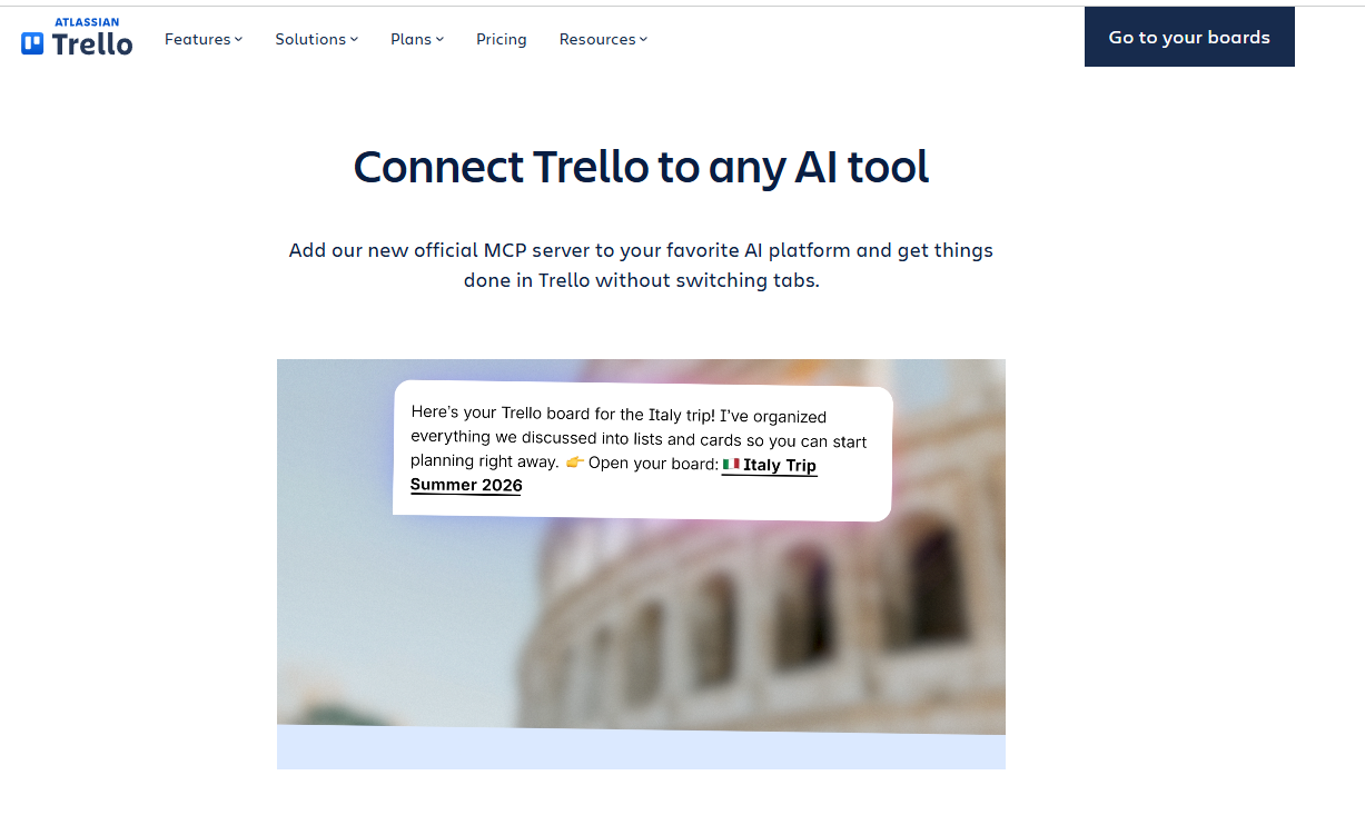Trello-Seite mit dem Text „Verbinde Trello mit jedem KI-Tool“ zur Bewerbung des offiziellen MCP-Servers.