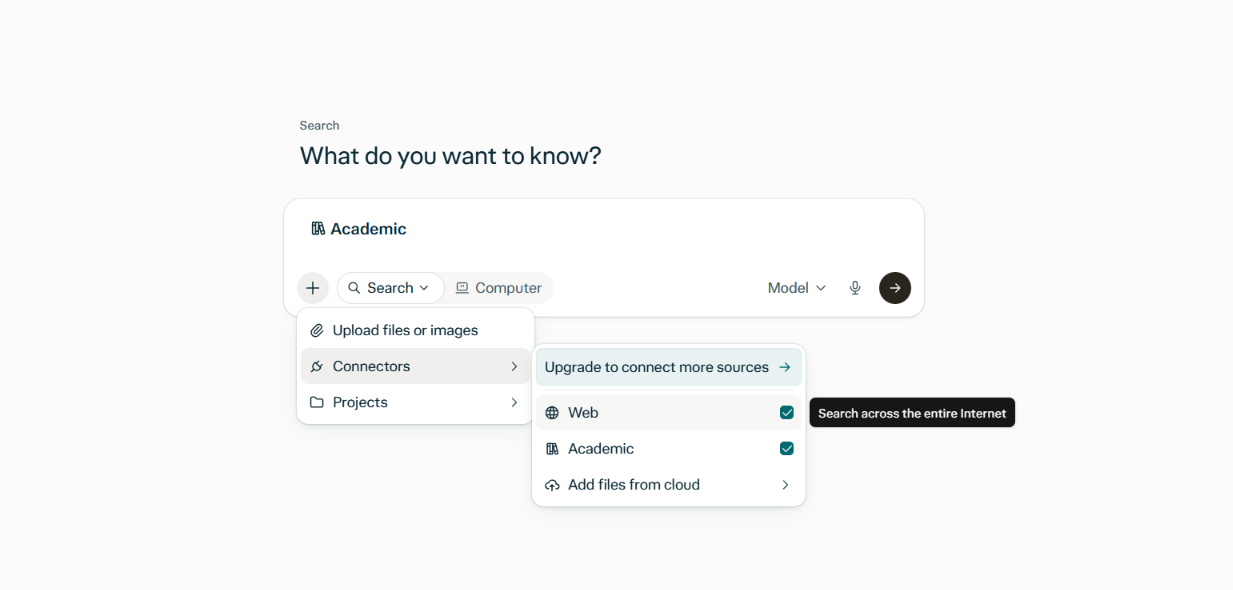 Perplexity search box with the Connectors menu open and both the Web and Academic sources selected.