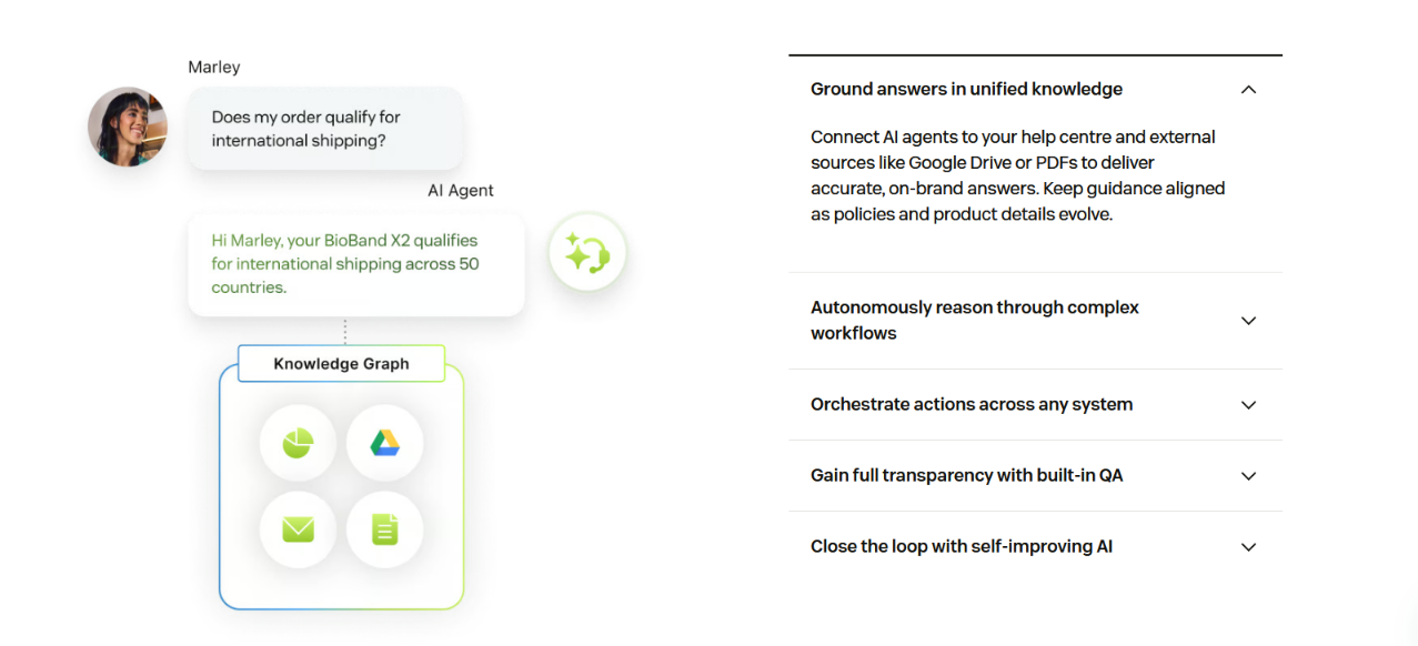 Ein Zendesk AI Agent beantwortet die Frage eines Kunden zum Versand mithilfe eines Wissensgraphen, der mit Helpcenter-Dokumenten, Google Drive, E-Mails und Dateien verbunden ist.