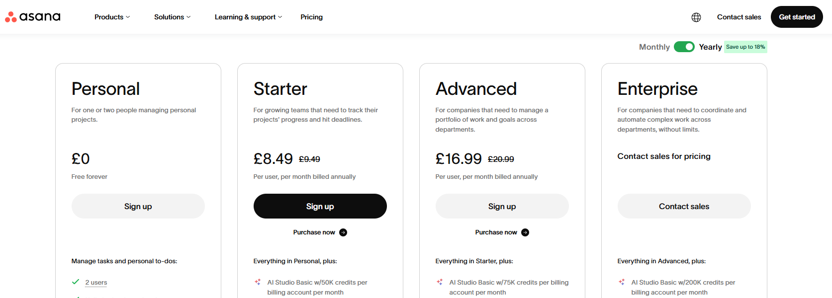 Asana-Preispläne: Personal, Starter, Advanced und Enterprise, mit AI Studio-Credits pro Stufe.