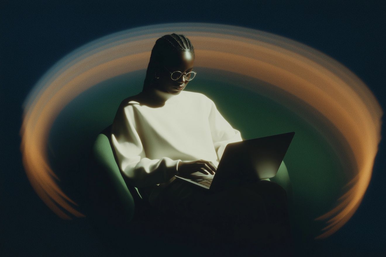 A person in a white sweater and round glasses works on a laptop in a dark room, encircled by a soft ring of green and amber light.