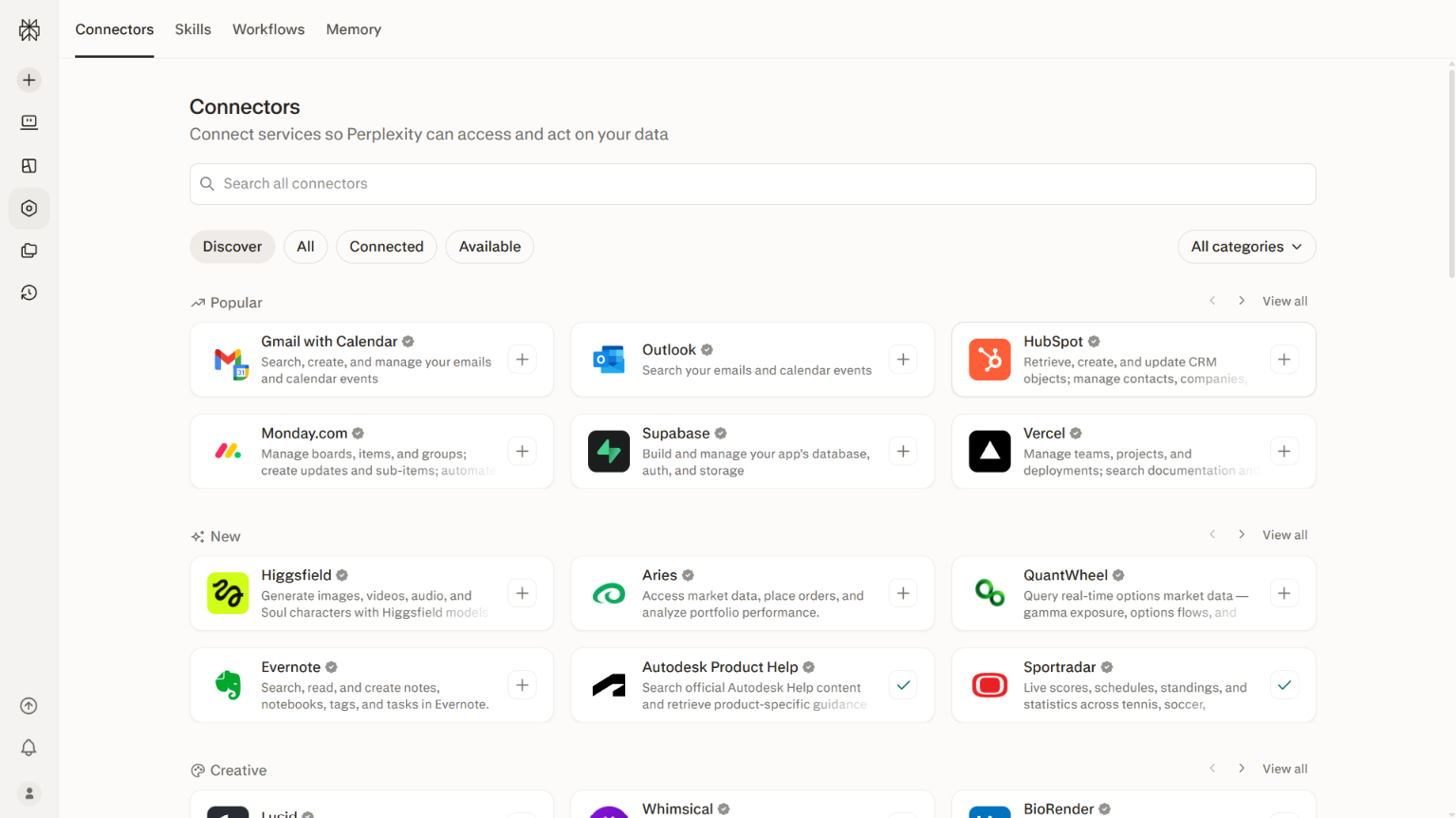 Perplexity’s Connectors directory showing integrations including Gmail, Outlook, HubSpot, Monday.com, Supabase, and Vercel.
