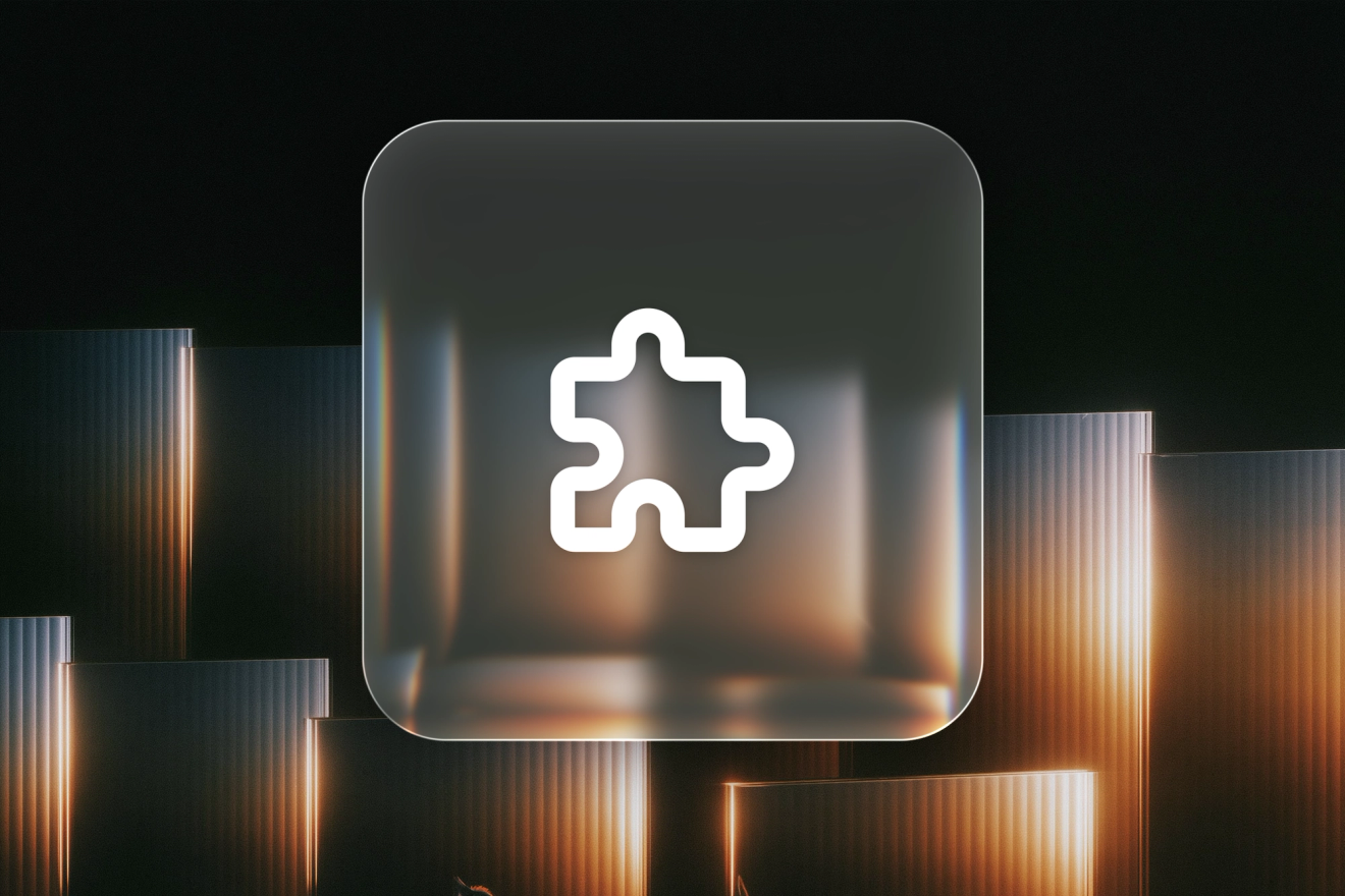 A white puzzle piece icon on a frosted-glass tile against an abstract architectural background.