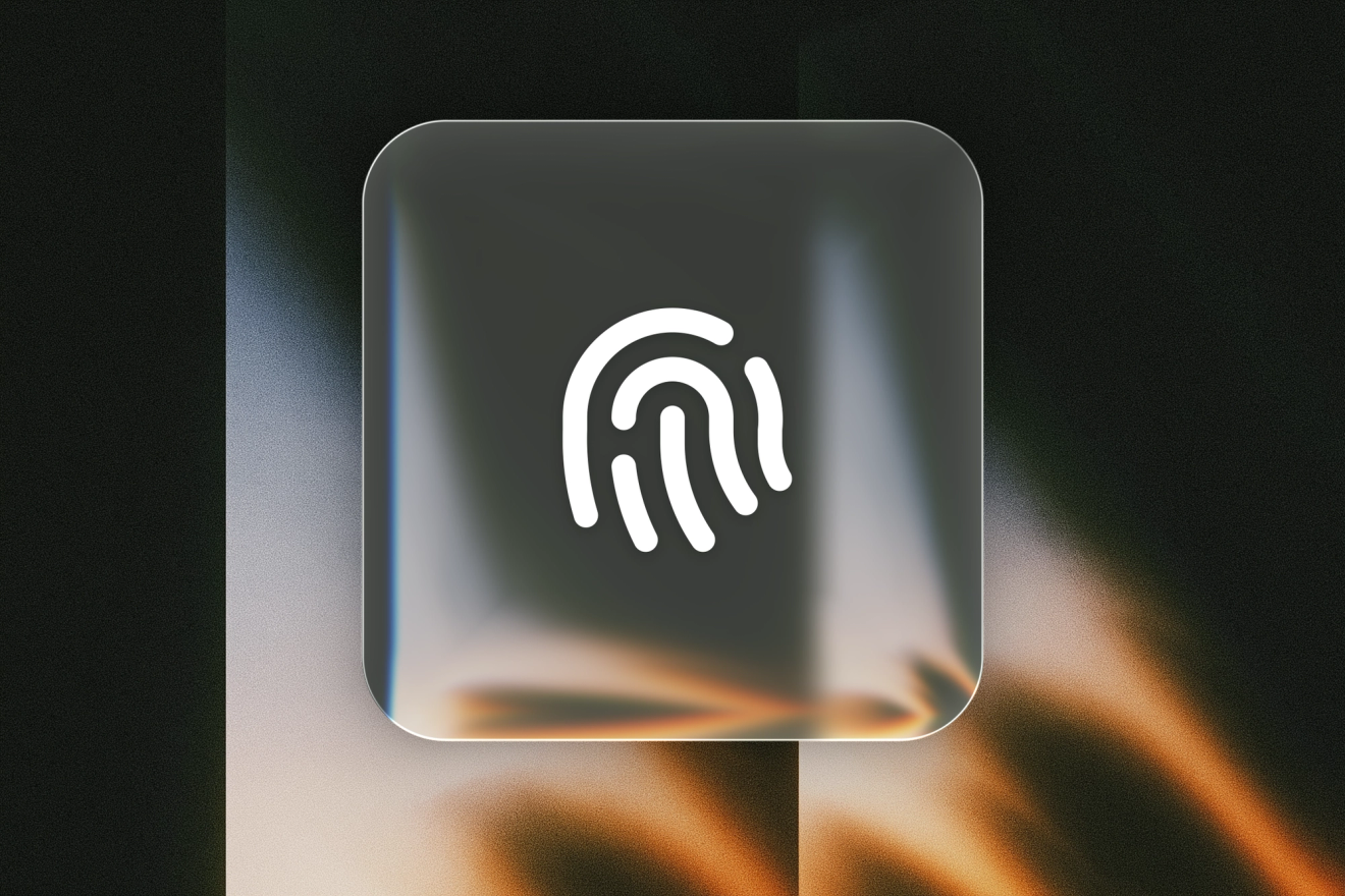 A white fingerprint icon on a frosted-glass tile against an abstract green and amber background.