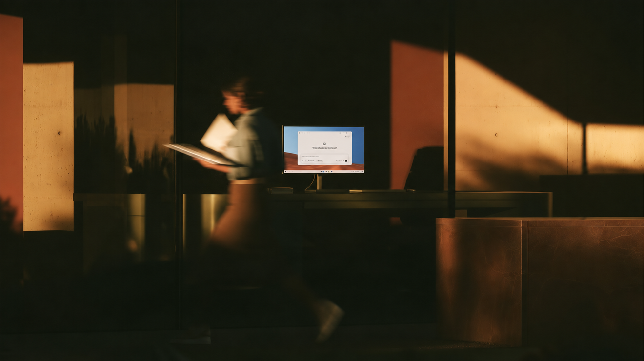 A Windows laptop displays Perplexity Computer’s empty composer on a desk in a modern office.