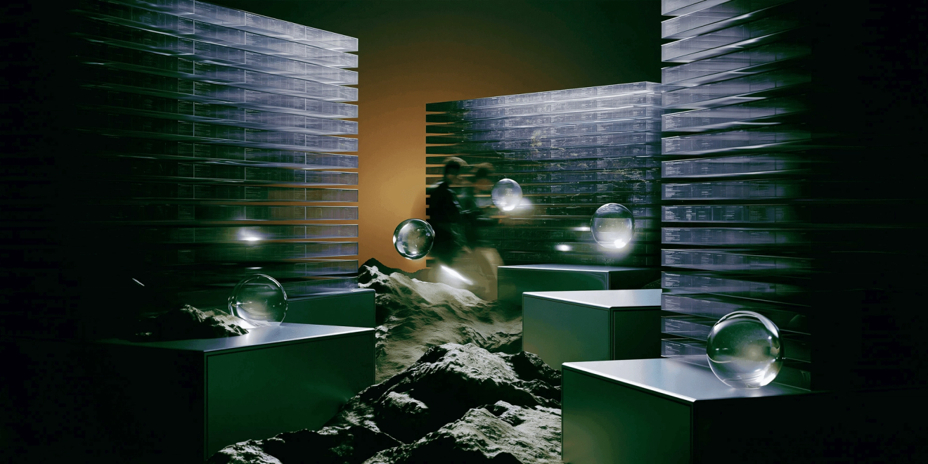 Image of three large black panels and glass orbs floating in front of an orage background.
