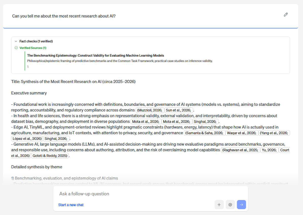 Antwort des Scite-Rechercheassistenten zu aktueller KI-Forschung, mit einer Faktencheck-Quellenverifizierung und im Text integrierten akademischen Zitaten.