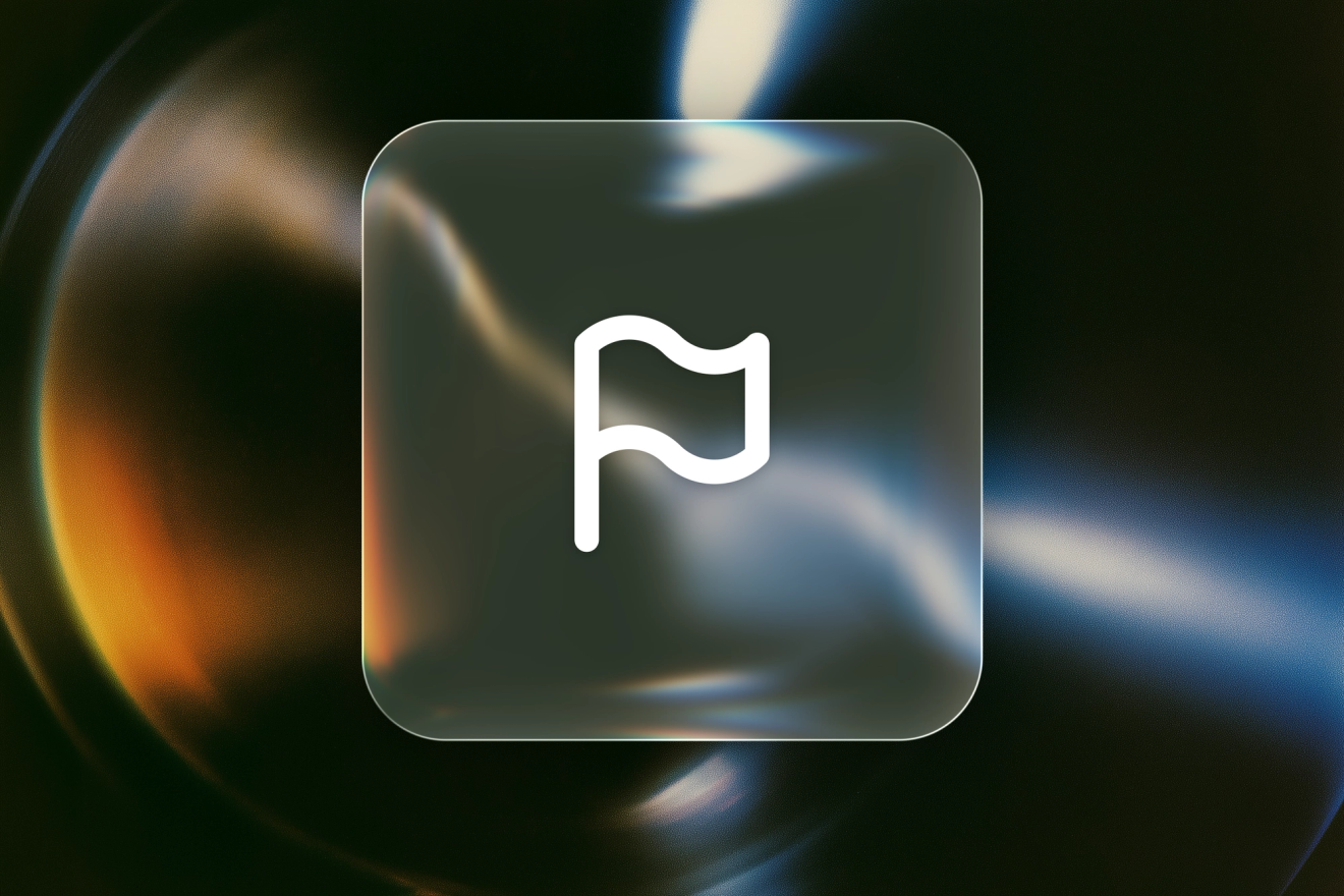 A white flag icon on a frosted-glass tile against an abstract green and gold background.