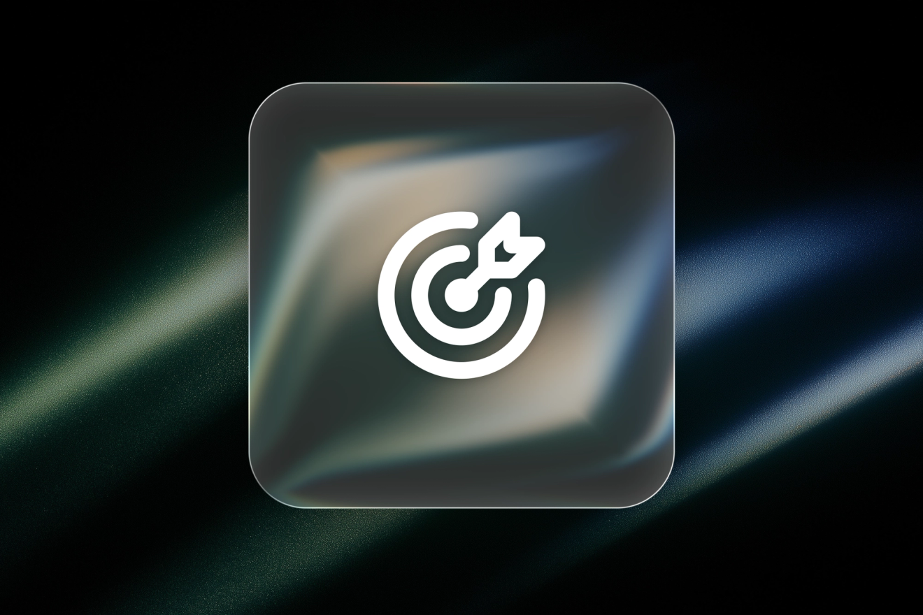 A white target and arrow icon on a frosted-glass tile against an abstract green and blue background.