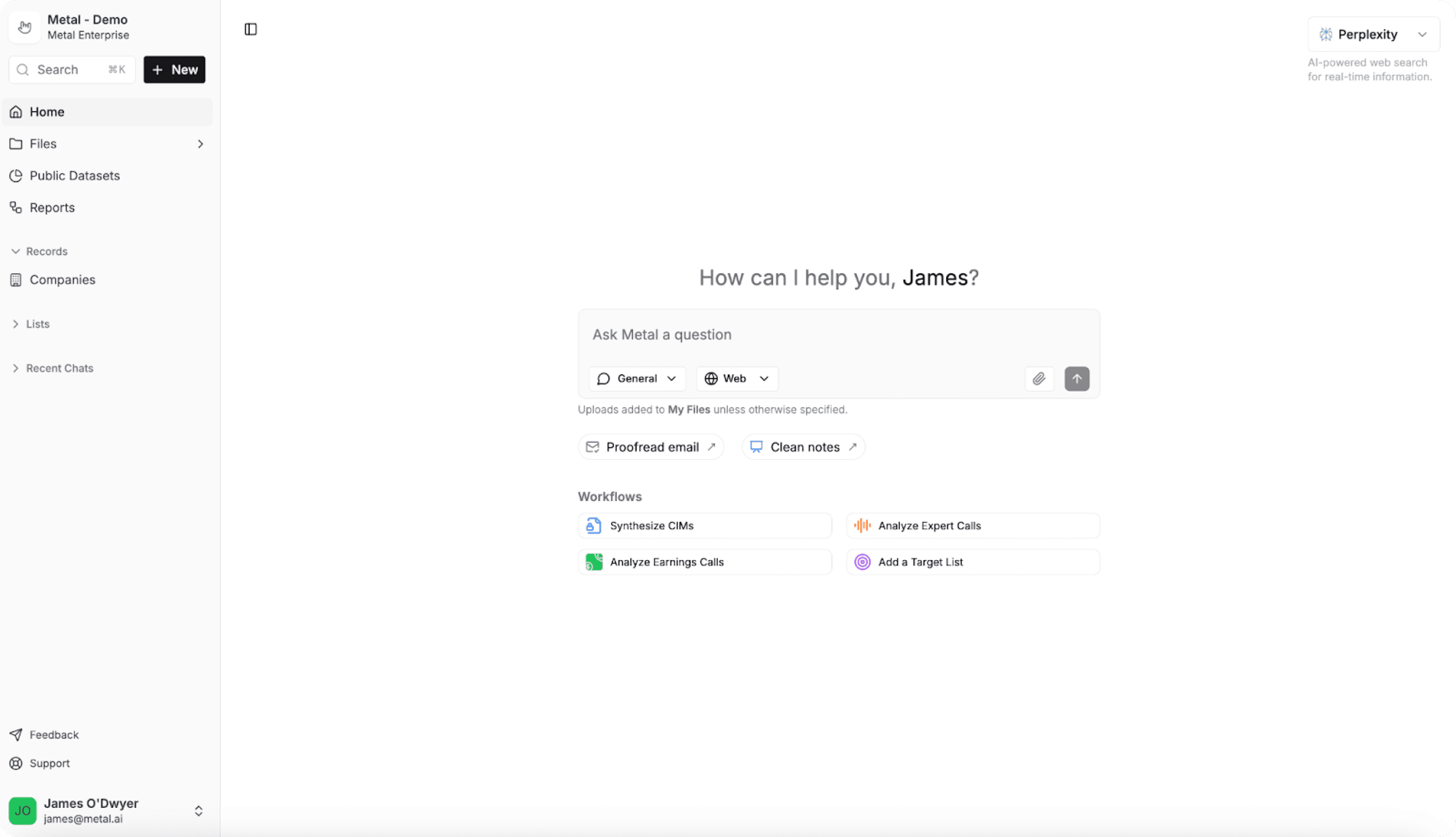 Metal home screen with an Ask Metal prompt and Perplexity web search selected