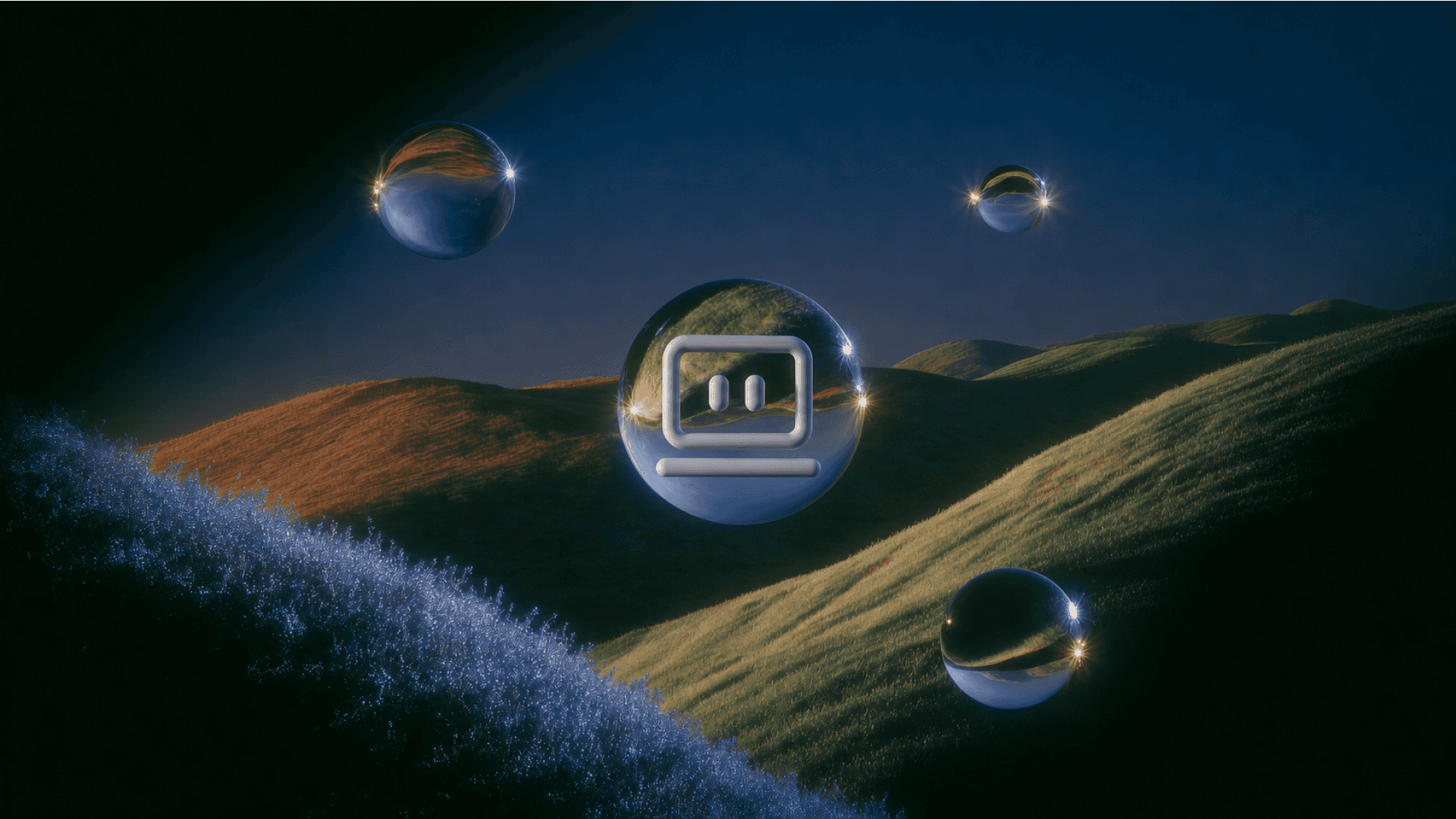 Official Perplexity art for Personal Computer on Windows showing a glass sphere containing a monitor icon with two eyes floating above rolling hills, with smaller spheres around it